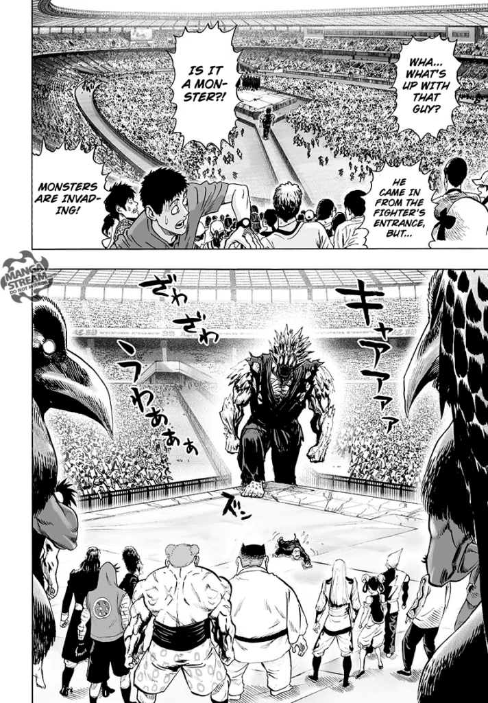 The crowd panics while the giant monster Gouketsu walks towards the participants in the arena.