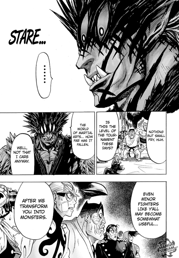 Gouketsu stares at the martial artists and tells them they're weak but could become stronger if turned into monsters.