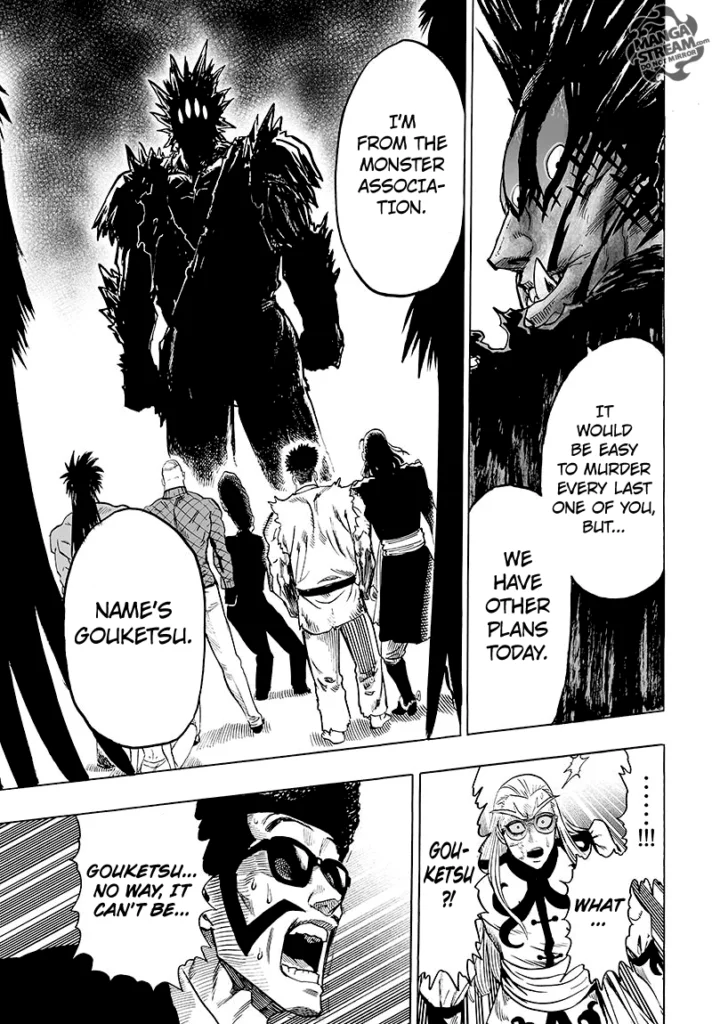 The giant monster turns to the remaining martial artists and introduces himself as Gouketsu. Some of them are shocked.