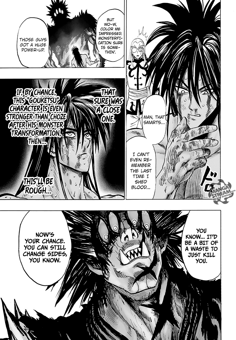 Suiryu now faces in front of Gouketsu and realizes that it will be rough if Gouketsu is much stronger.