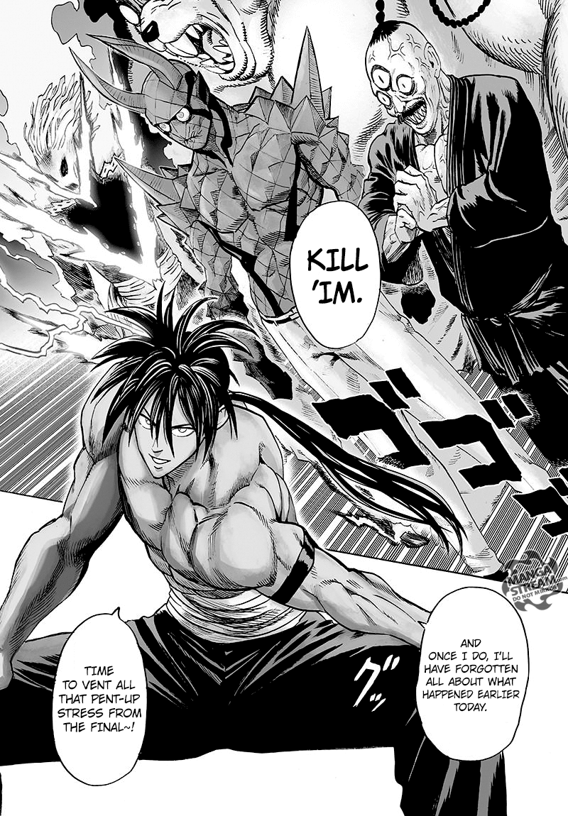 The participants who transform into monsters prepare to attack Suiryu, who now stretches his body for a fight.