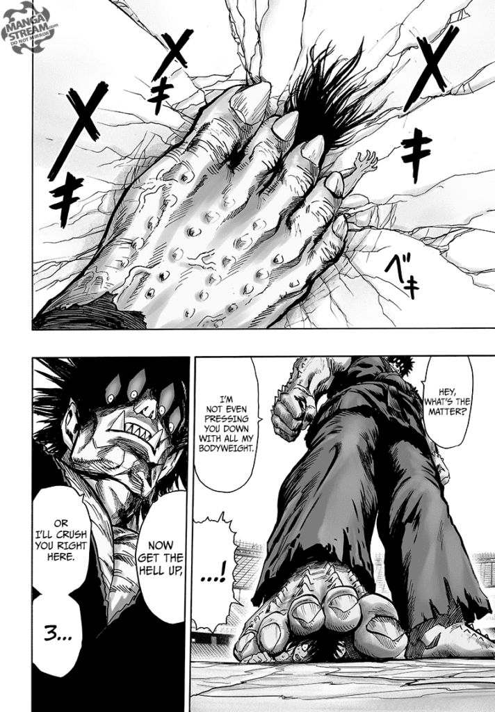 Gouketsu steps on Suiryu, who now lies flat under his right foot.