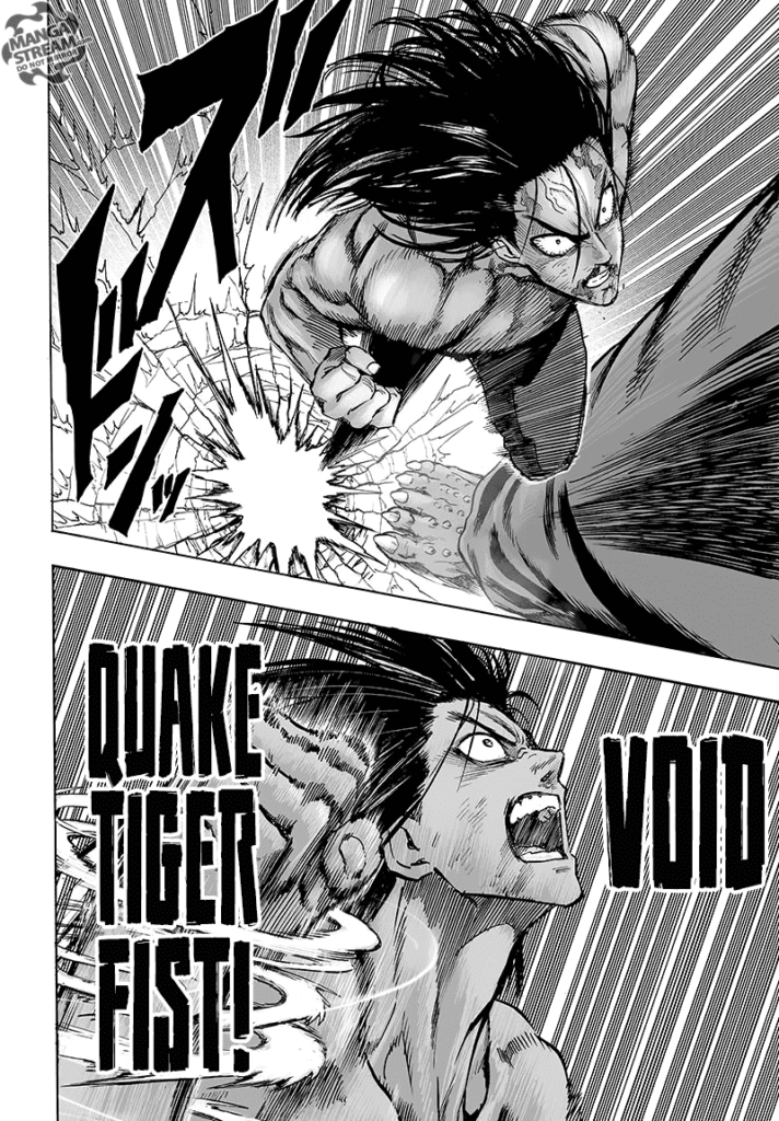 Suiryu jumps and attacks Gouketsu with the "Void Quake Tiger Fist" technique.