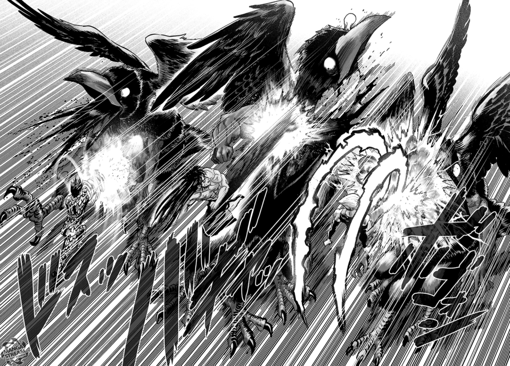 Suiryu, Lightning Max, and Sneck defeat the three crows by striking them with a counterattack.