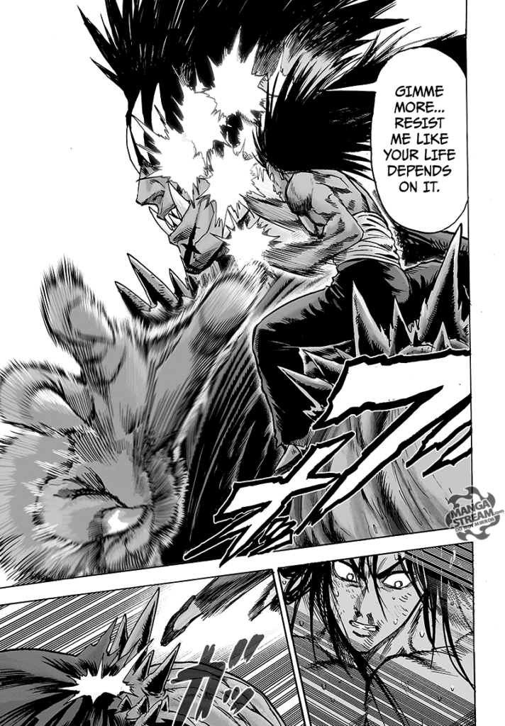 Suiryu keeps on punching but quickly dodges Gouketsu's hand, which is about to capture him.