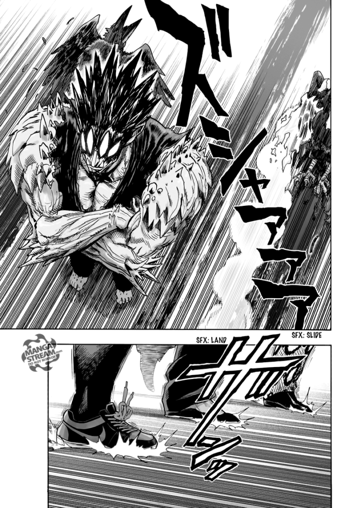 Gouketsu stands fearlessly as the crows are thrown near him, and the three fighter's foot lands.