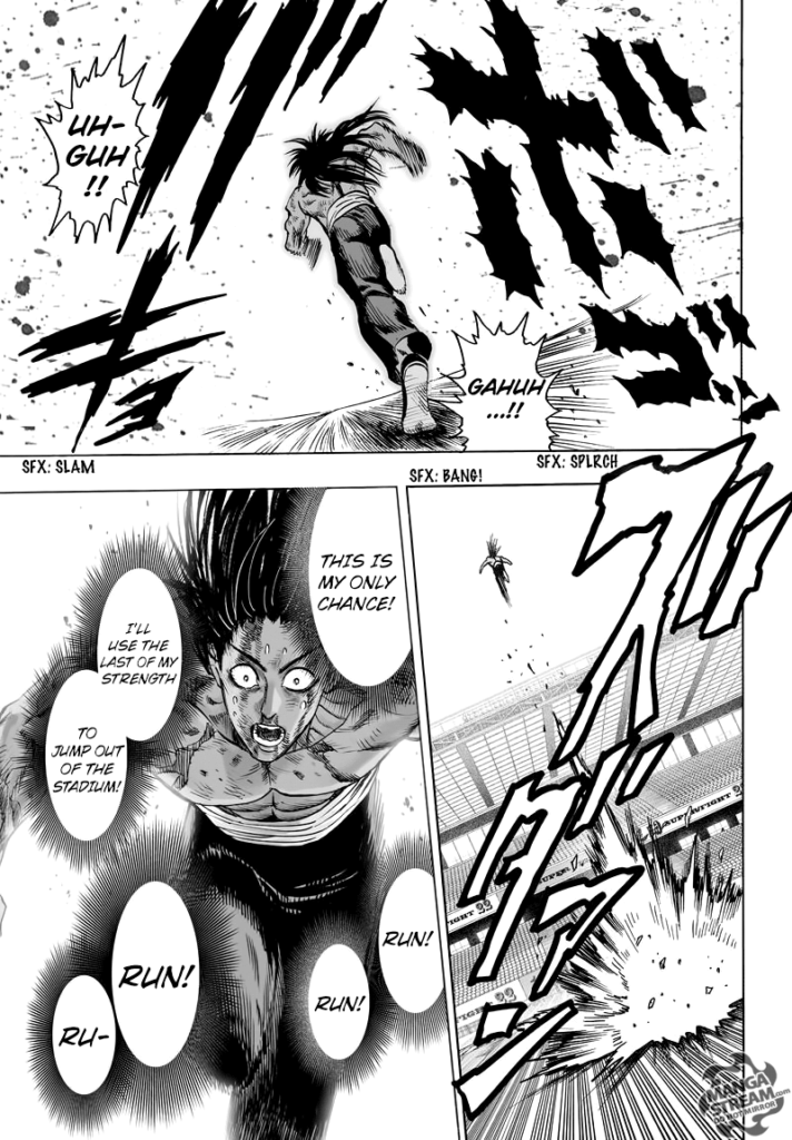 Suiryu runs as he hears fighting noises, and he uses his last strength to jump out of the stadium to escape.