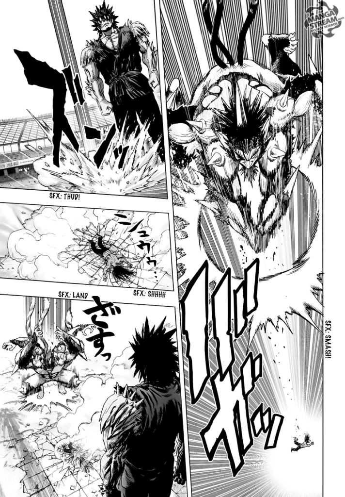 The news monster smashes Suiryu back to the ground in front of Gouketsu as he also lands nearby.