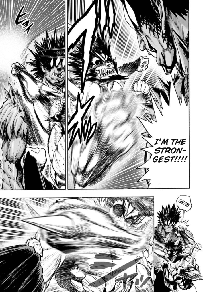 Bakuzan punches Gouketsu, saying he's the strongest, but Gouketsu easily dodges it.