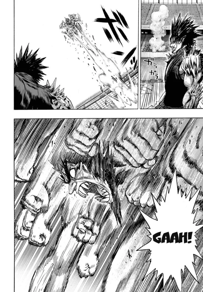 Bakuzan jumps and attacks Gouketsu with another series of punches from midair.