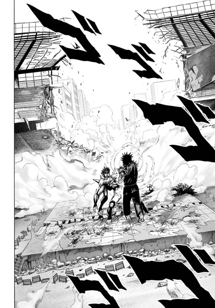 A huge hole is created behind Bakuzan, destroying everything behind him, including the thick walls of the stadium.