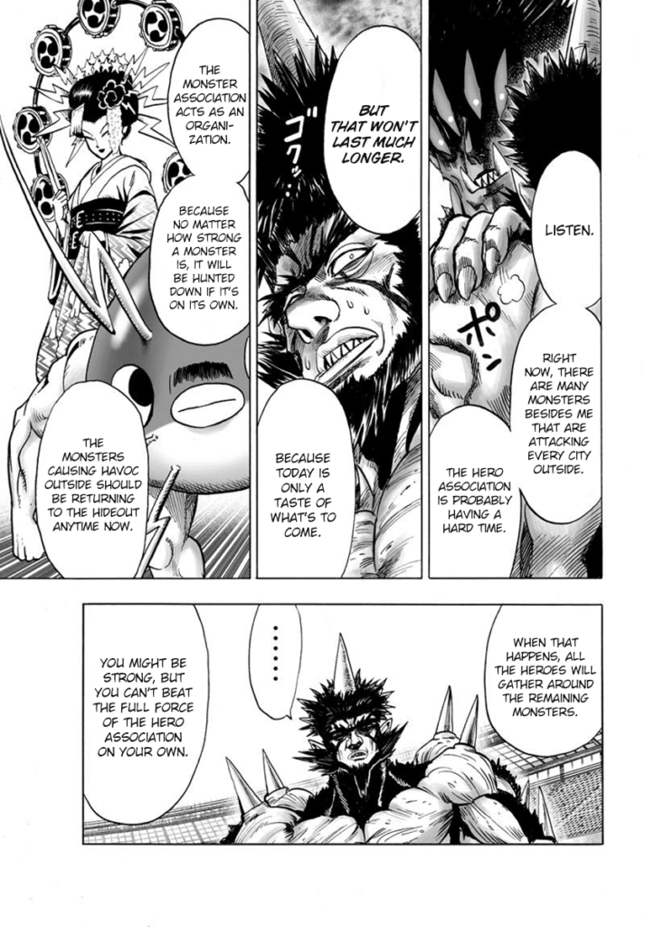 Bakuzan stops moving as Gouketsu explains that other monsters are now heading to their base to avoid the heroes.