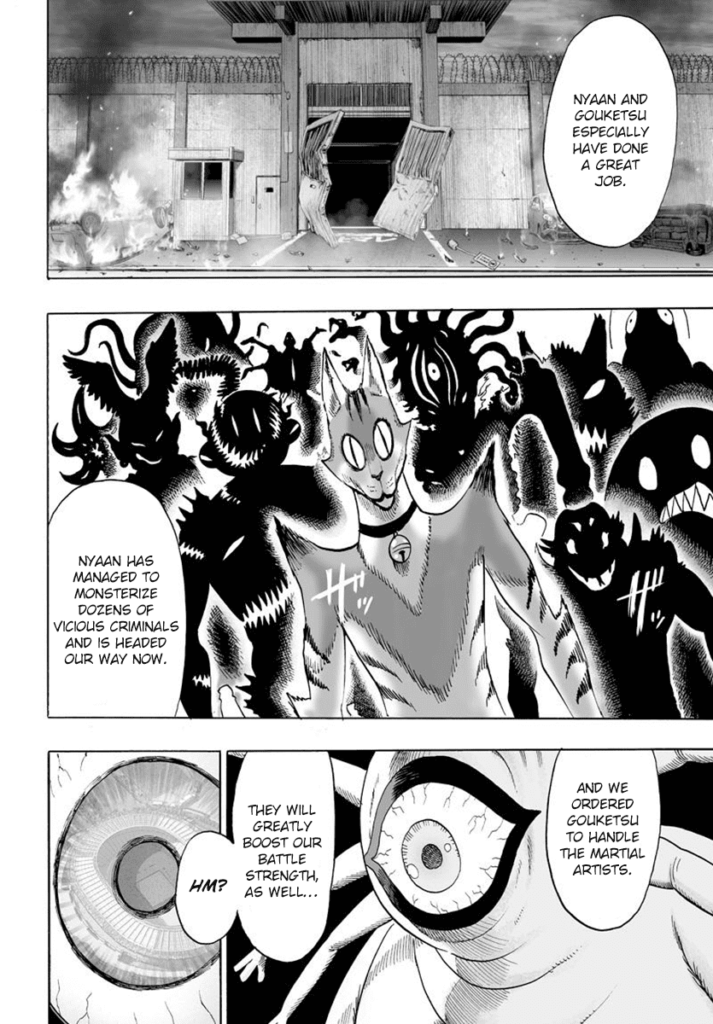 Gyoro-Gyoro points out that monster Nyaan monsterizes the prisoners while Gouketsu is in charge of the martial artists.