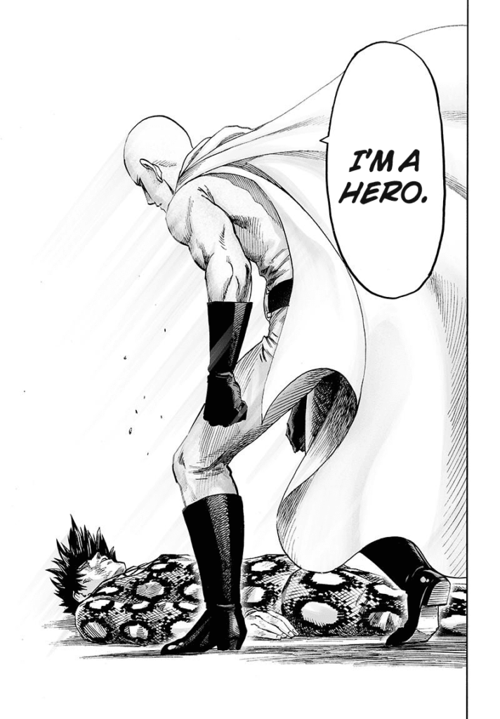 Saitama stands up, telling them he's a hero.