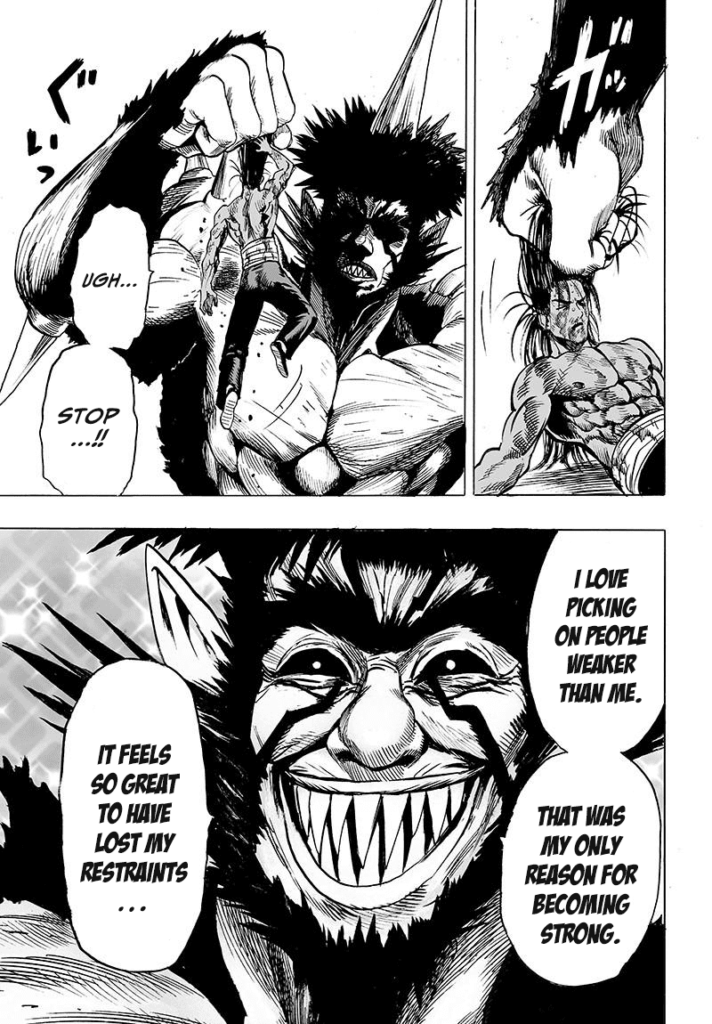 Bakuzan picks Suiryu by his hair and, with an evil monster grin, confesses that he loves picking weak people.