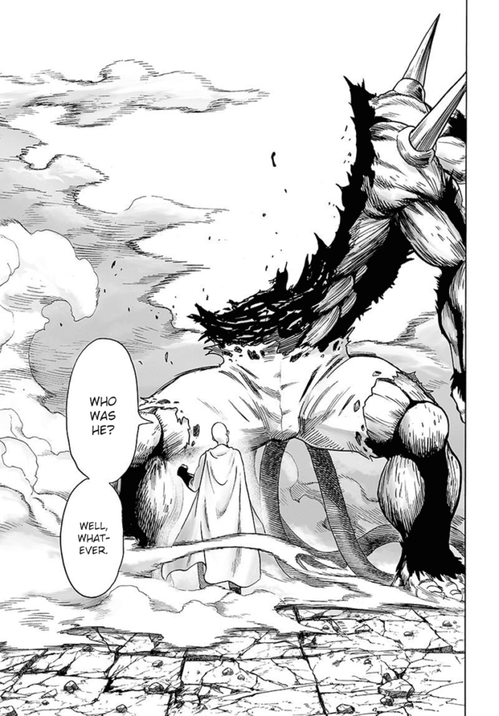 The dust clears up, and we see Saitama standing in front of the giant Bakuzan, whose body is now destroyed.