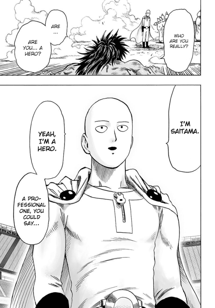 Suiryu asks who Saitama is, and he replies that he is a professional hero.