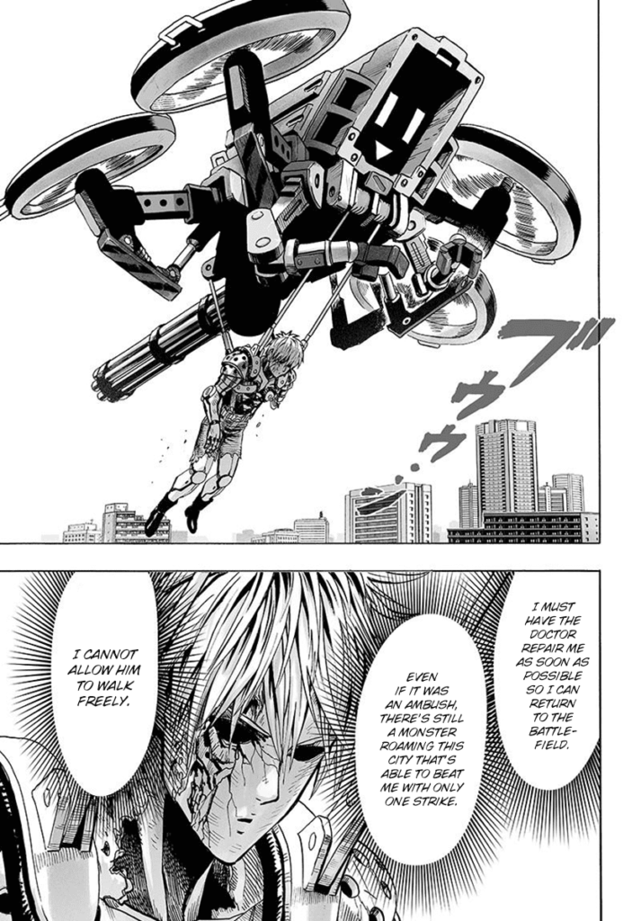 Cut to the scene. Genos is tied up and transported by a robot helicopter as he laments his previous defeat.