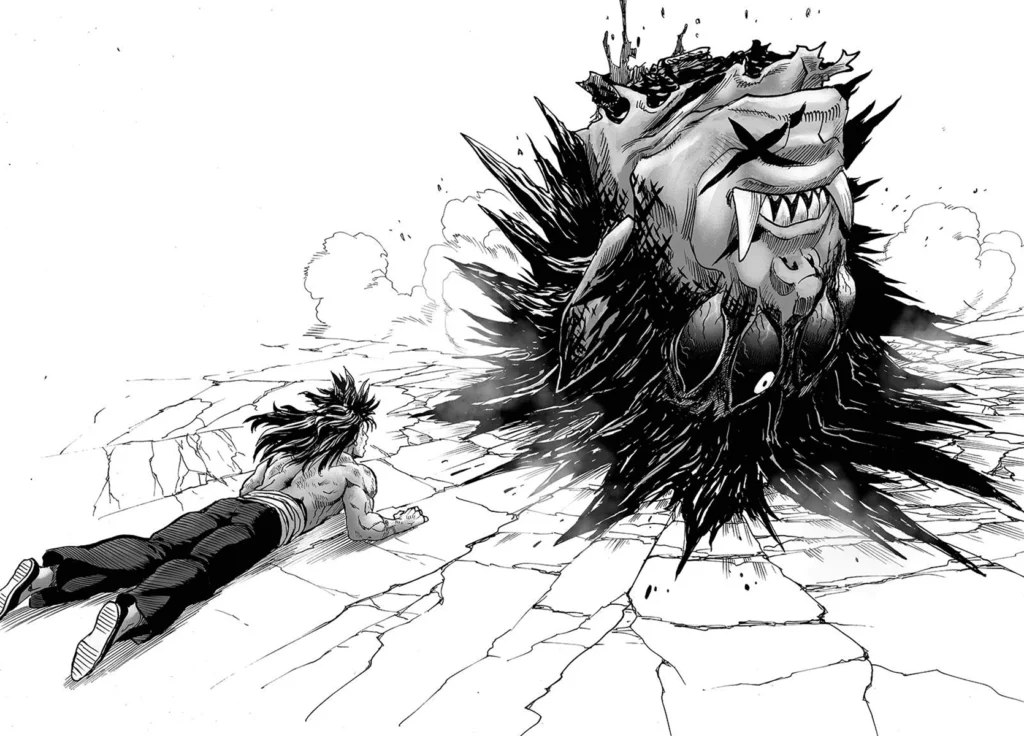 A huge severed head of Guoketsu lands in front of Suiryu while cracking the arena where it landed.