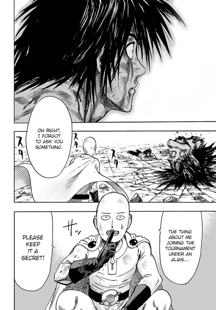 Saitama comes back to Suiryu. He tells Suiryu to keep him joining the tournament under an alias, a secret.