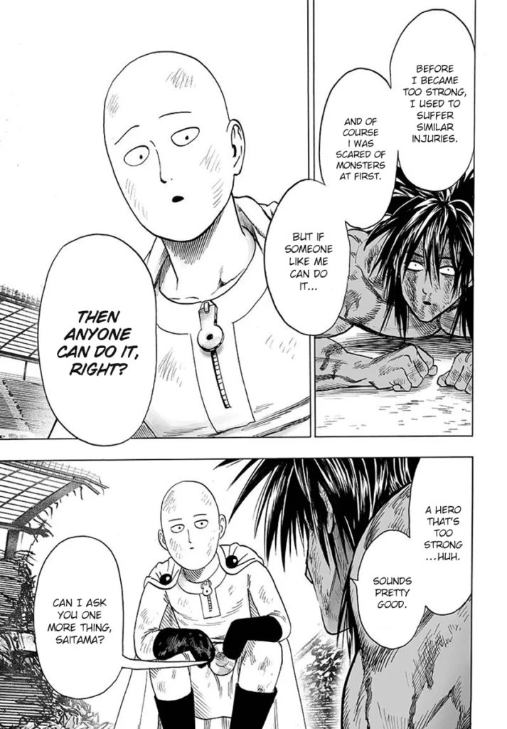 Saitama shares his previous experience of having similar injuries before he became strong. Suiryu asks one more.