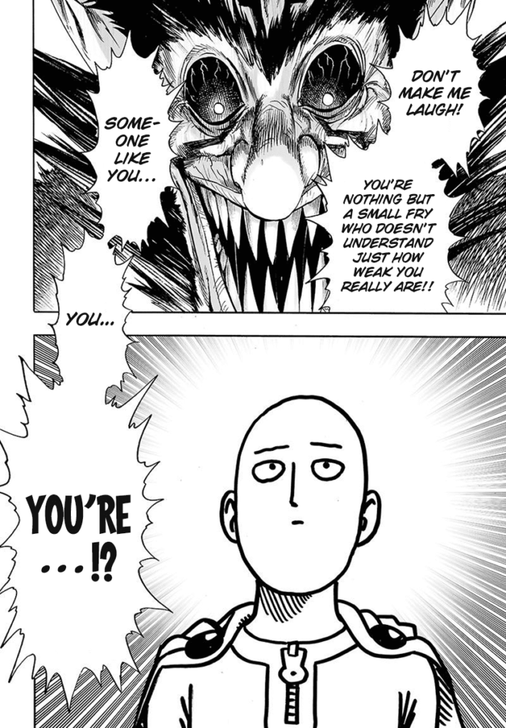 Bakuzan looks more monstrous now with a hideous face and sharp teeth, while Saitama stands with his iconic emotionless face.