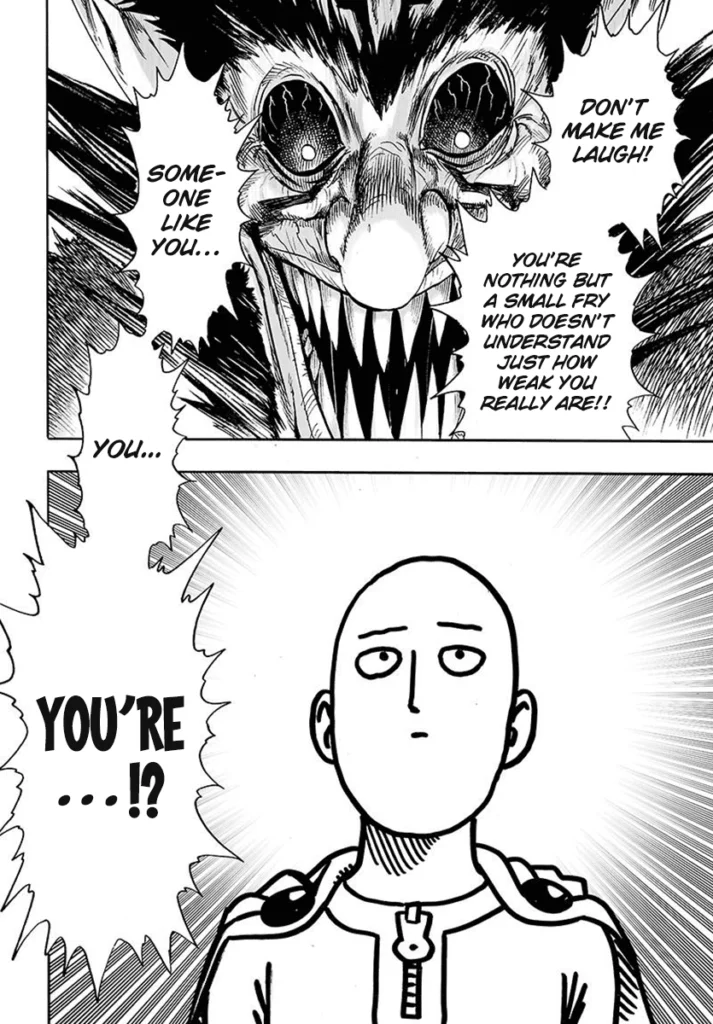 Bakuzan looks more monstrous now with a hideous face and sharp teeth, while Saitama stands with his iconic emotionless face.