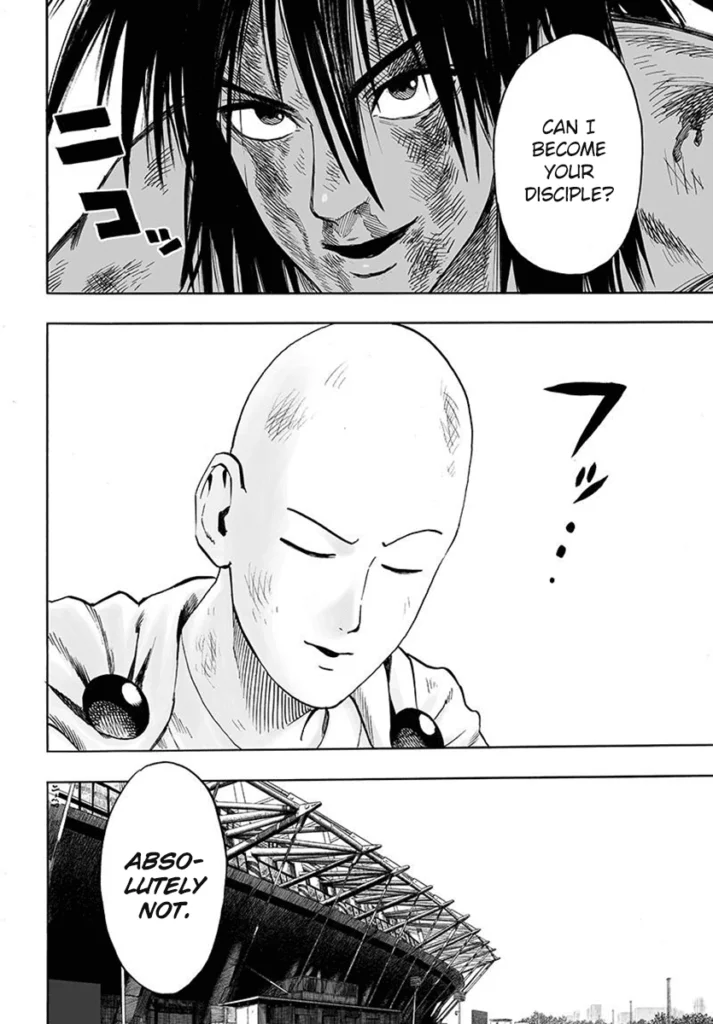 Suiryu asks Saitama if he can become his disciple, but Saitama says, Absolutely not.