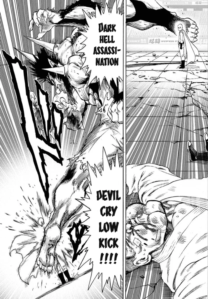 Saitama gets hit with a powerful kick from Bakuzan's attack called "Dark Hell Assassination Devil Cry Low Kick".