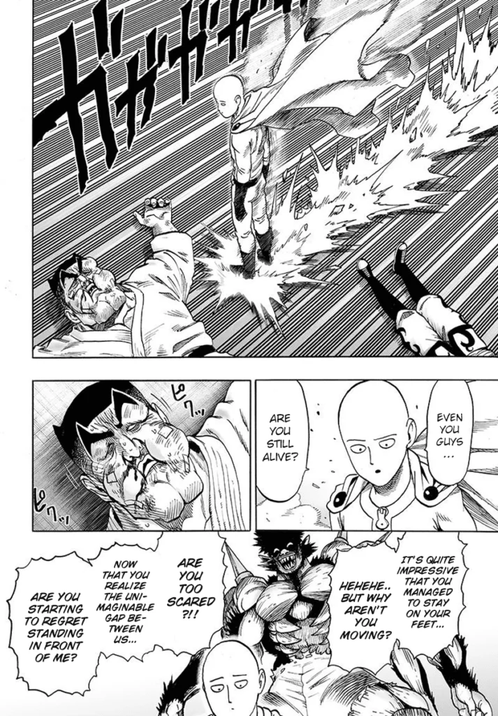 Saitama slides towards the beaten and unconscious Sourface while approaching him from behind, thinking he is too scared.