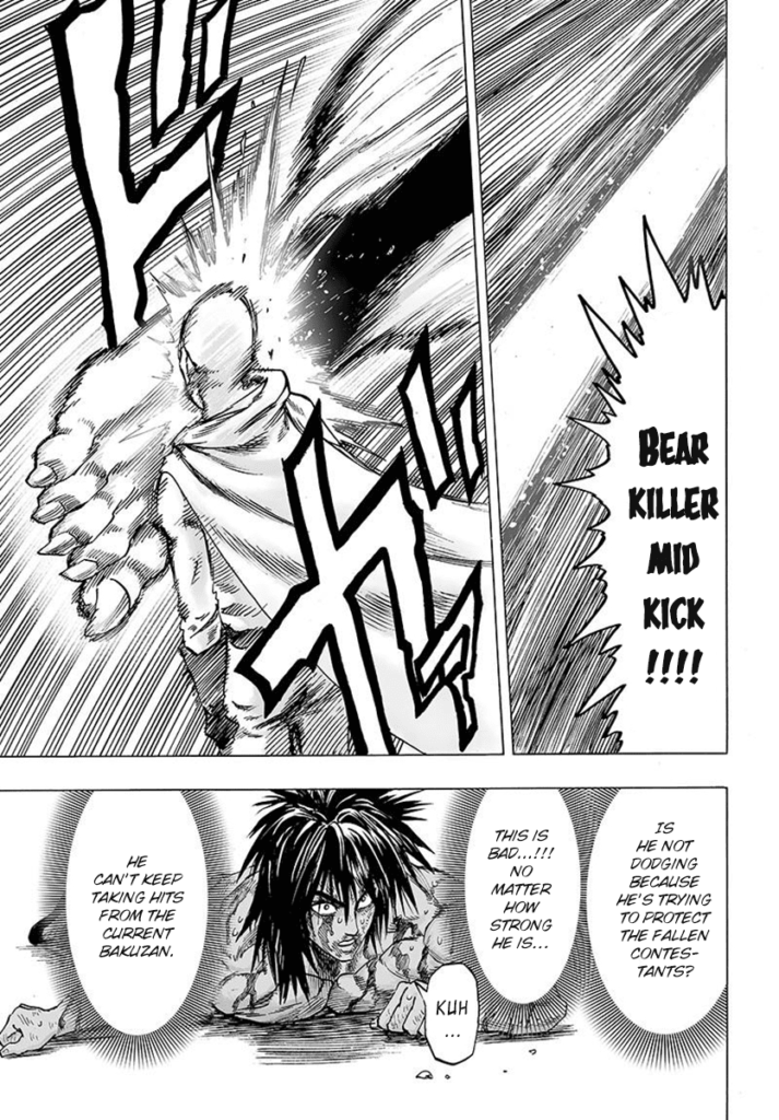 Saitama gets hit with another attack by Bakuzan called "Bear Killer Mid Kick," while Suiryu looks at him, worried.