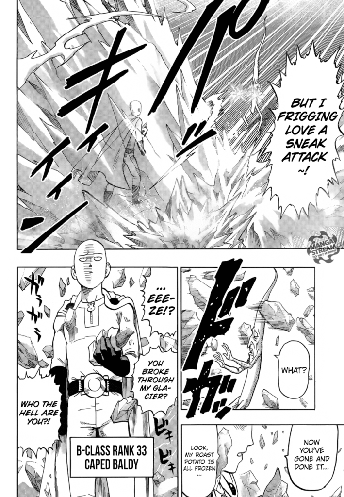 Withered Sprout freezes Saitama with a sneak attack but gets surprised after Saitama, who looks mad, breaks his glacier.