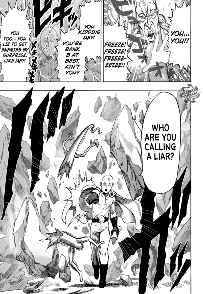 Withered Sprout continues freezing Saitama and even calling him a liar, but Saitama destroys him with a single punch.