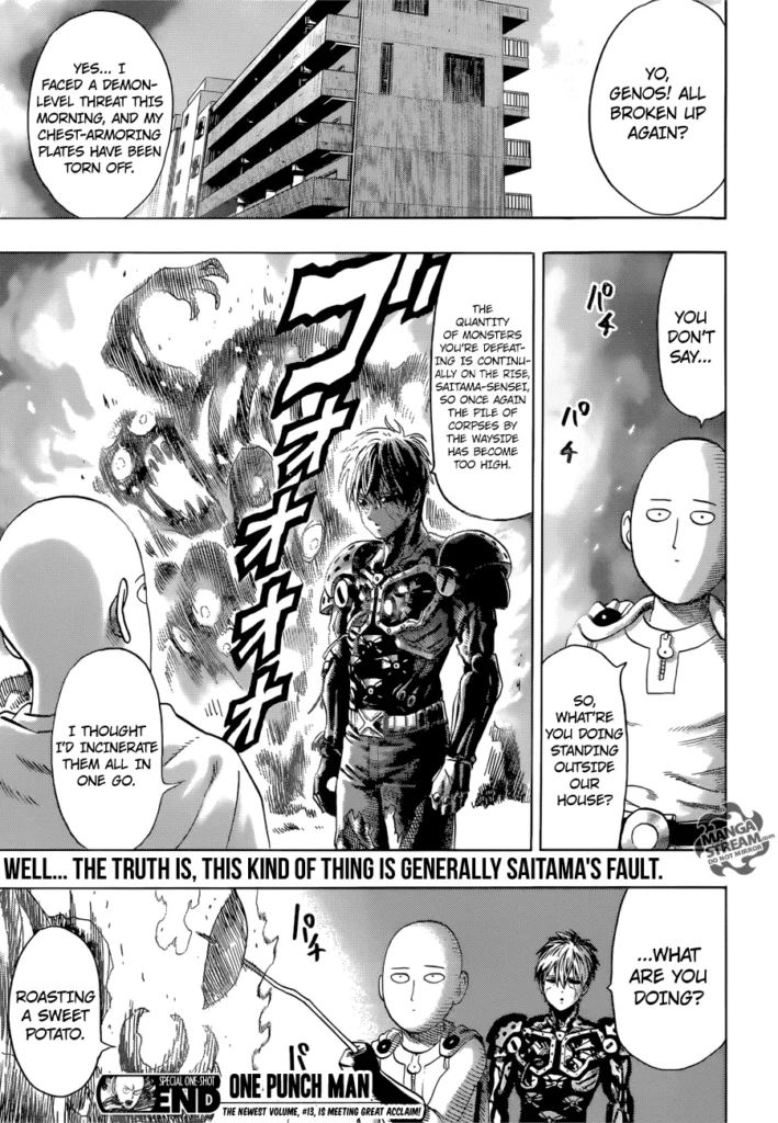 Cut to the scene, Saitama finds Genos incinerating the pile of monsters, and Saitama starts roasting his sweet potato.