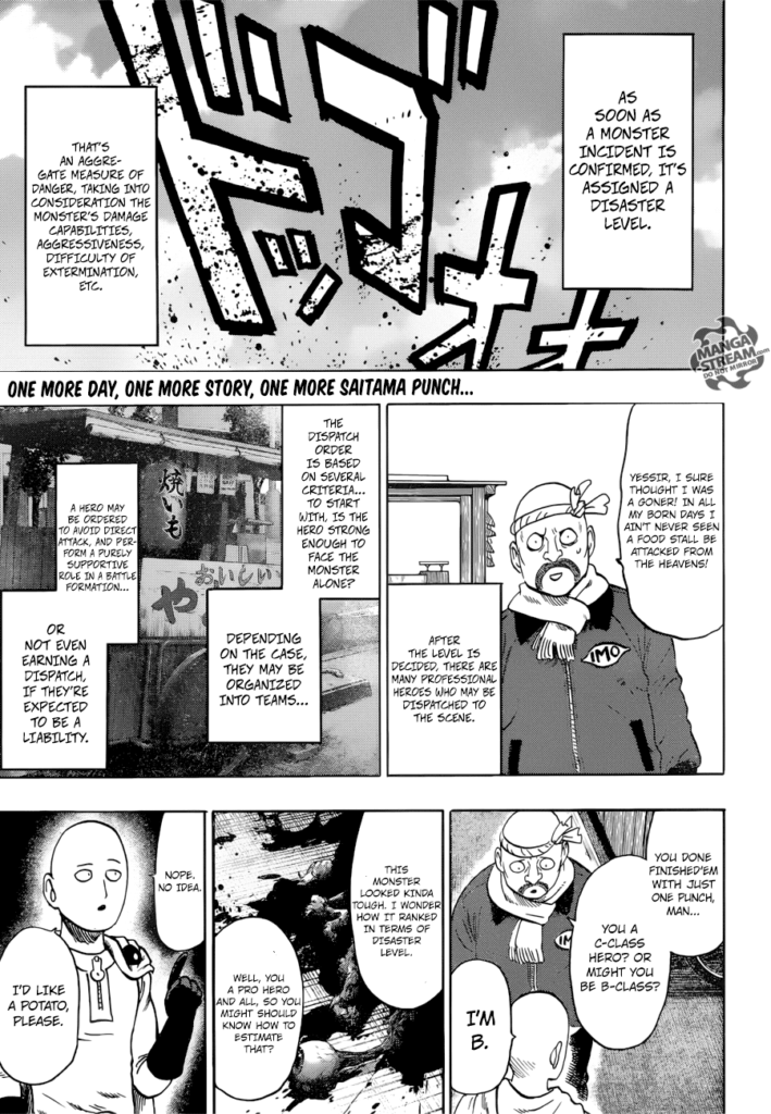 Blood splashes as Saitama defeats a monster, and the store owner asks about the monster's ranks and threat levels.