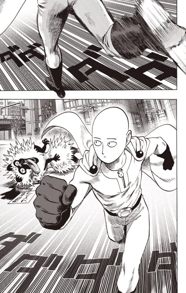 Saitama runs and passes by the defeated Free Hugger monster lying on the ground.