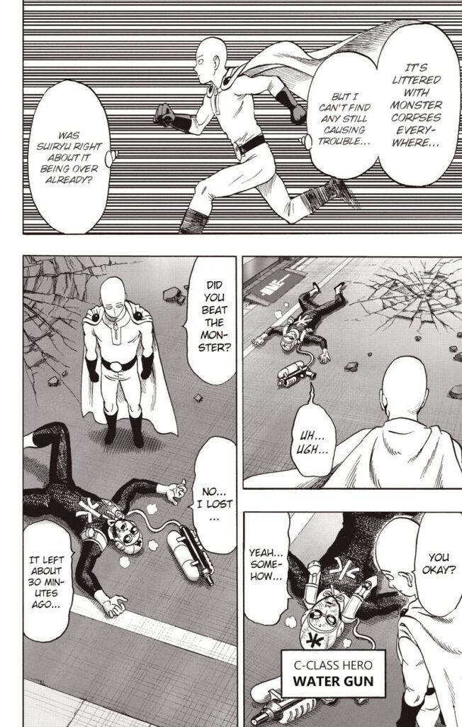 Saitama stops by C-Class Hero Water Gun, who is lying on the ground after losing to a monster 30 minutes ago.