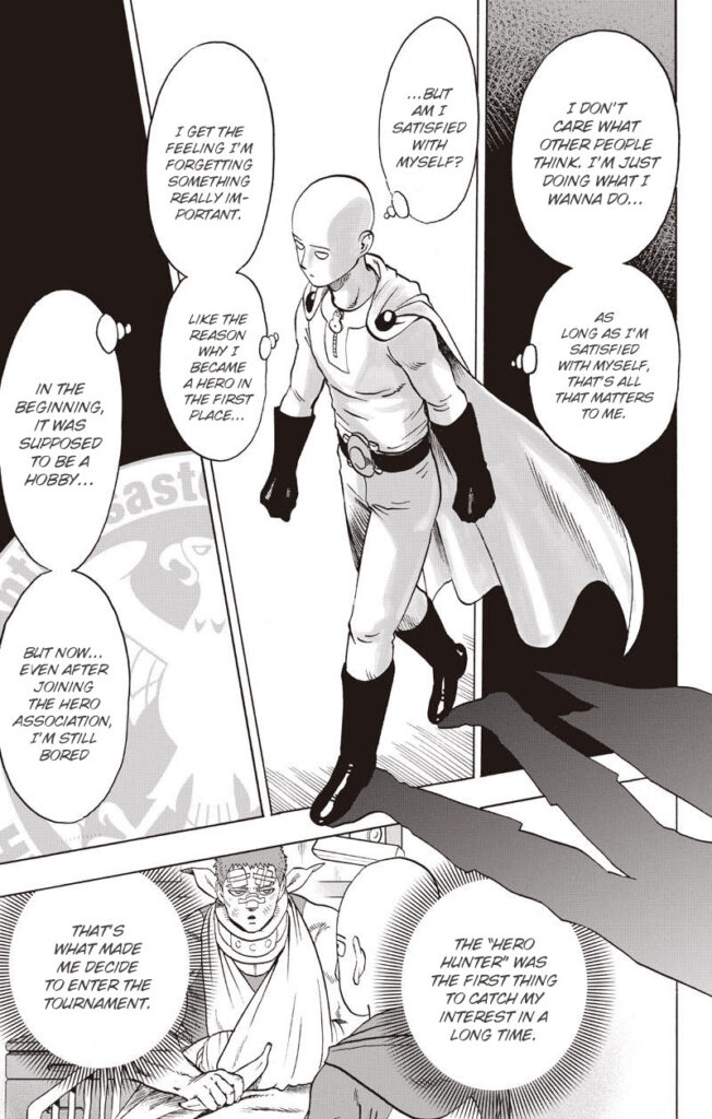 Saitama continues walking and remembers he just wants to do what he likes doing, and that is the main reason why he became a hero.