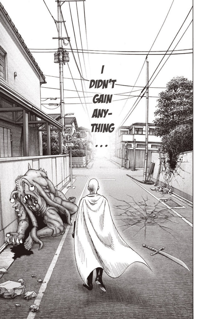 Saitama thinks he didn't gain anything as he passes by a dead monster leaning on the wall.