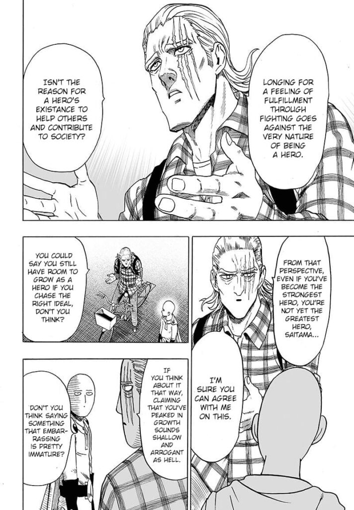 King continues lecturing Saitama about the true purpose of being a hero and Saitama's longing for fulfillment through fighting.