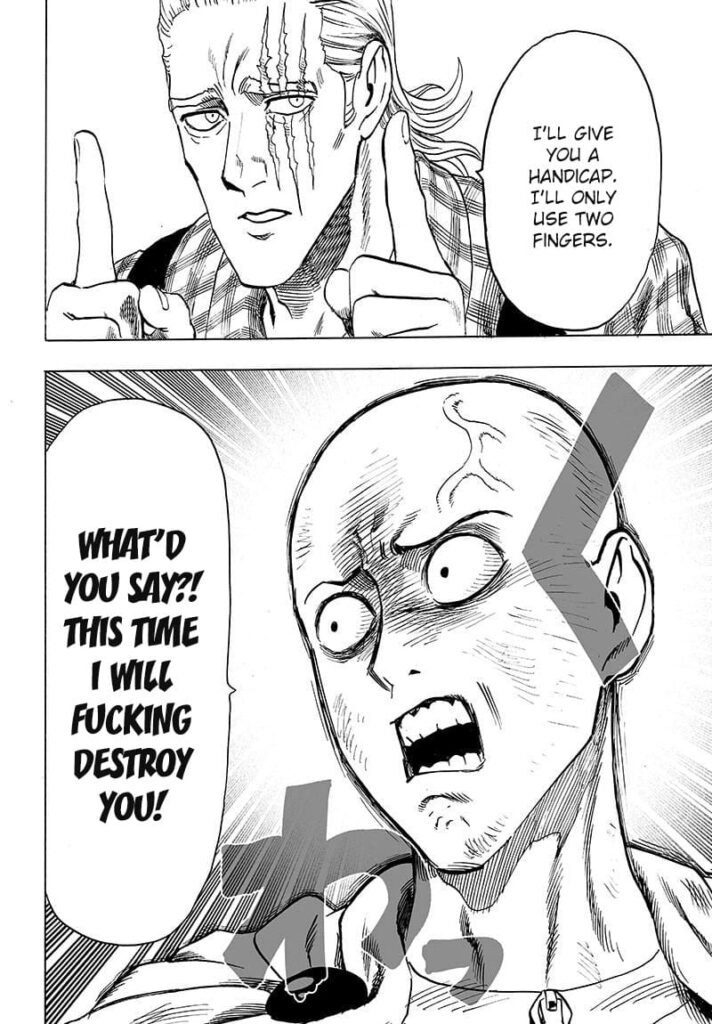 Saitama gets provoked after King challenges him to play with the handicap of using only two fingers.