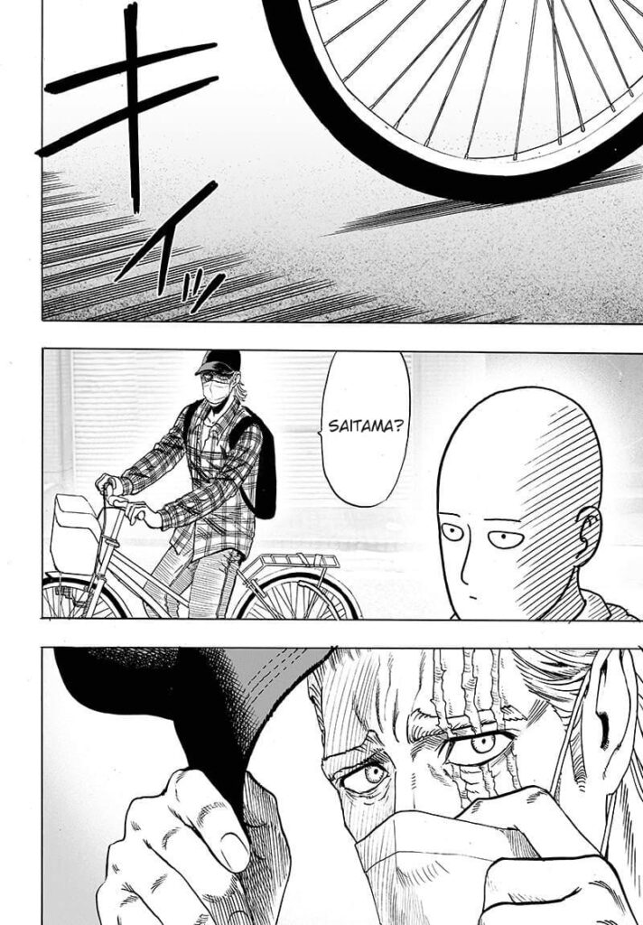 King, wearing a cap and a face mask while riding a bicycle, stops by Saitama, who is walking along the street.