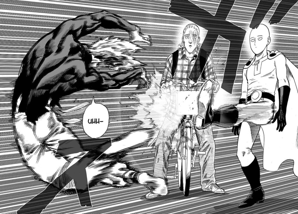 Saitama kicks Garo on the side of his belly and gets thrown away.