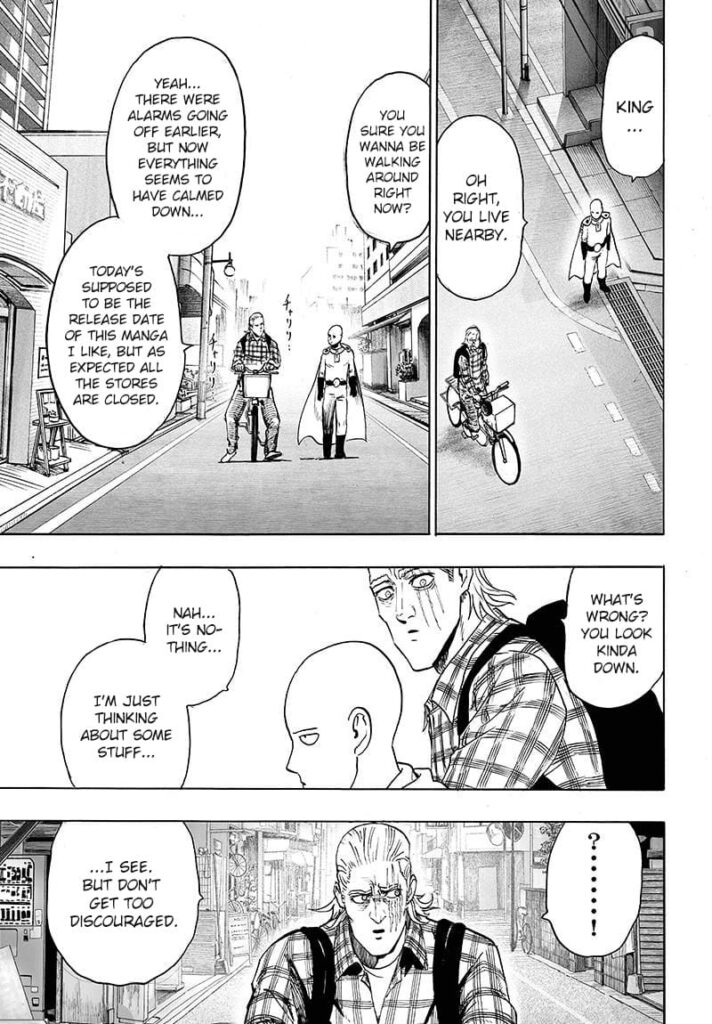 King walks while riding his bicycle and talks to Saitama, who kinda looks down.