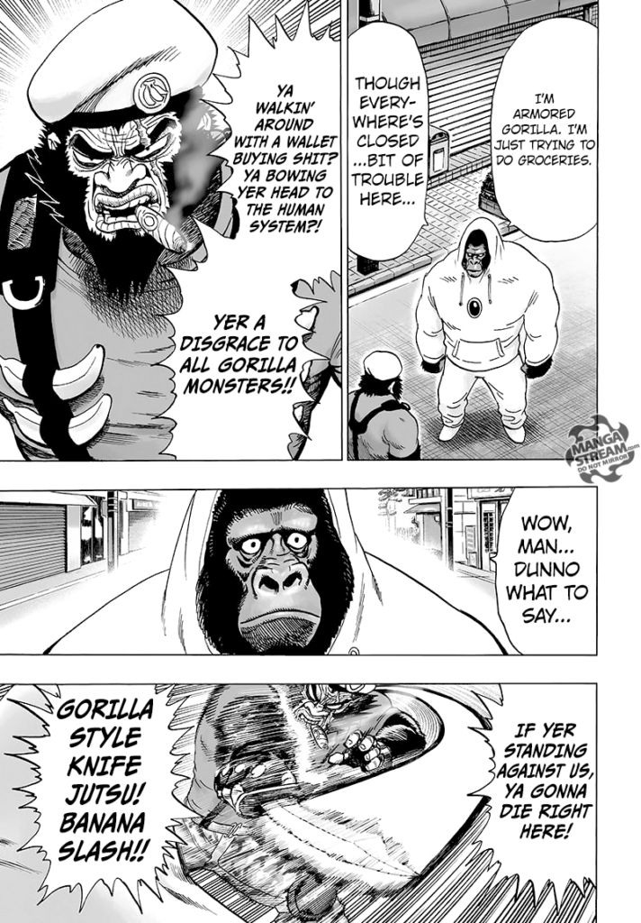 The gorilla introduces himself as Armored Gorilla, and Heavy Kong attacks him with a "Gorilla Style Knife Jutsu! Banana Slash"