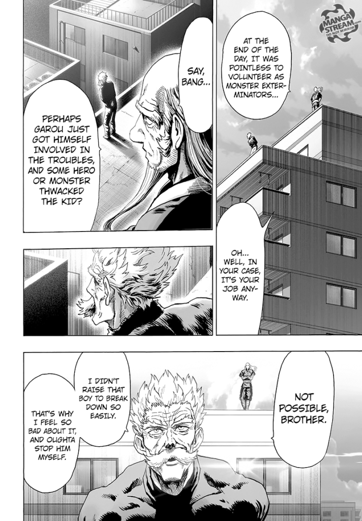 Cut to the scene, Bomb and Bang are standing on top of a building, still looking out for Garou.