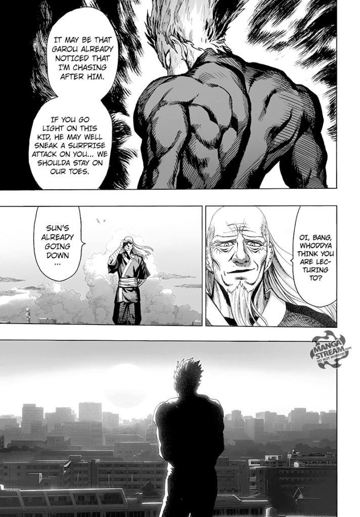 Bang imagines Garou as a formidable warrior. Bomb tells Bang, facing the city skyline, that the sun is going down.