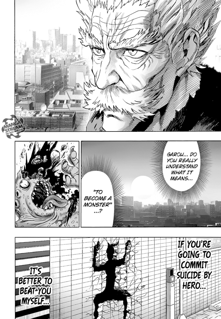 Old man Bang watches the sun setting behind the city skyline, and the scene shows the human-shaped hole of Garou.