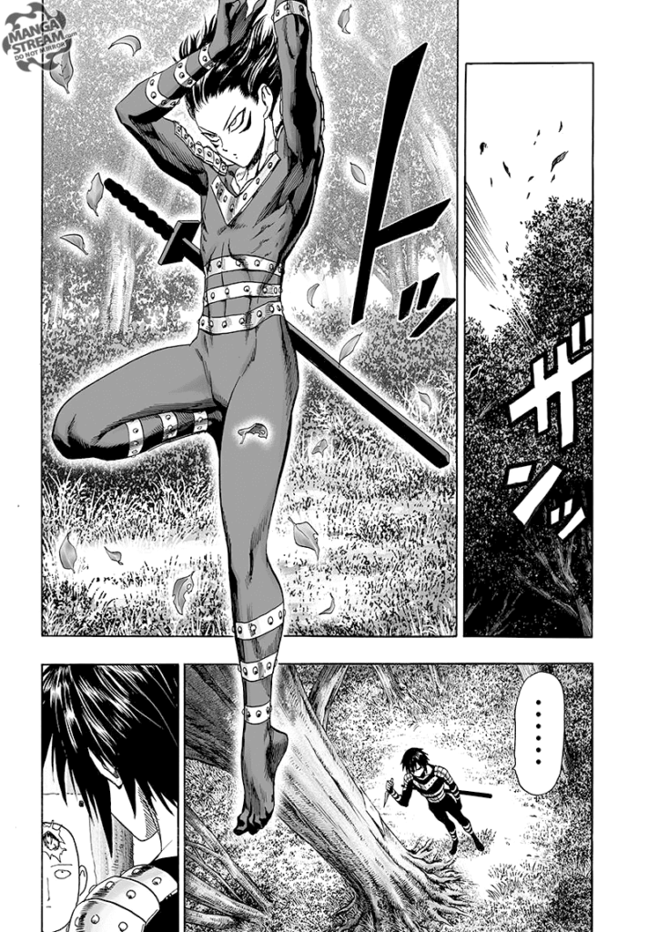 Sonic jumps and lands before Saitama's picture target as he removes the kunai.