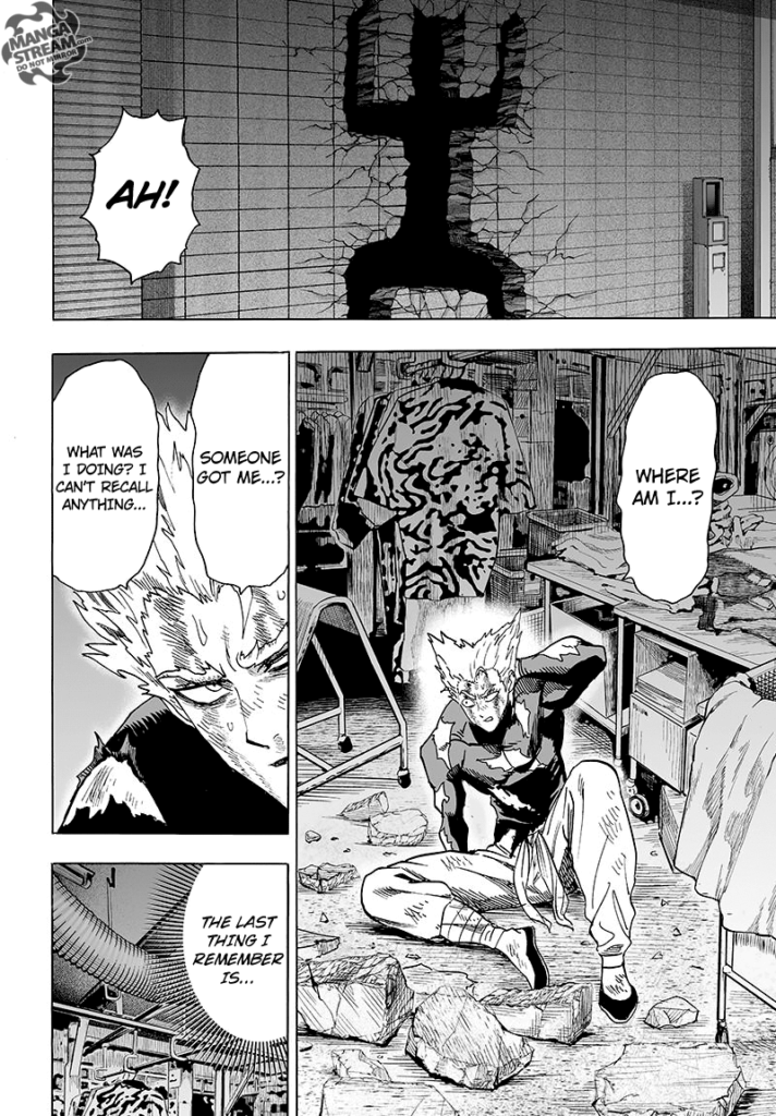 Cut to the scene, Garou wakes up inside an establishment where he got smacked into after Saitama kicked him.